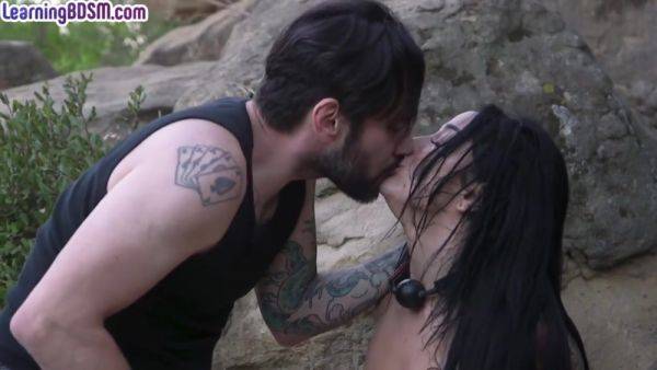 Submissive BDSM tattooed babe throat fucked outdoor on allbdsmporn.com