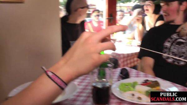 Petite scandalous BDSM slut sucks dick at restaurant on allbdsmporn.com